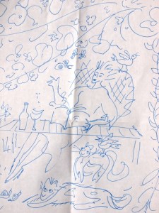 Sketch by Michele Roberts. Many of Michele's sketches 'of women having a nice time' are pinned up in Sarah's study. They enrich her life 'during good times, bad times and challenging times'.